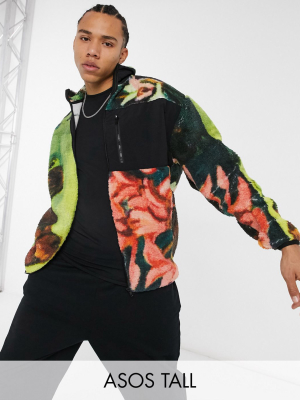 Asos Design Tall Oversized Teddy Fleece Track Jacket In Super Bright All-over Print