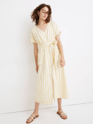 Dolman-sleeve Tie-waist Midi Dress In Gingham Check