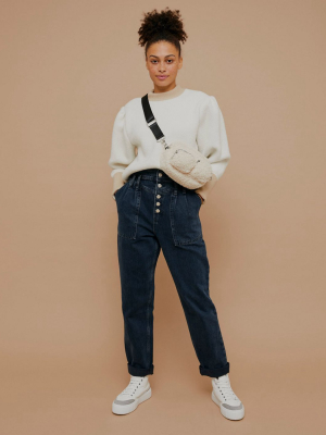 Topshop Button Front Mom Jeans In Blue Black