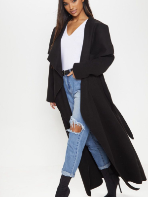 Black Maxi Length Oversized Waterfall Belted Coat