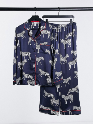 Chelsea Peers Premium Satin Zebra Printed Long Pajama Set In Navy