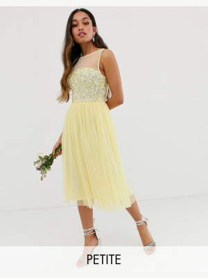 Maya Petite Bridesmaid Mesh Top Delicate Sequin Midi Dress In Lemon