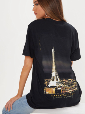Black Paris Print Oversized T Shirt