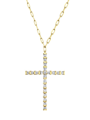 Large Cross Baguette Diamond Pendant Necklace - Yellow Gold