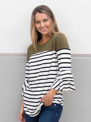 Double Ruffle Stripe Color Block Top - Olive