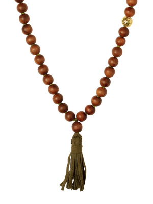 Mala Bead Necklace - Wood & Suede Tassel