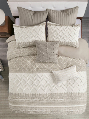 Mila 3pc Cotton Printed Duvet Cover Set With Chenille Taupe