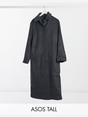 Asos Design Tall Button Through Coat In Dark Gray