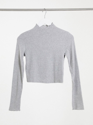 Bershka Ribbed Lettuce Edge Long Sleeve T-shirt In Gray