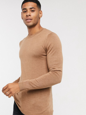 Asos Design Muscle Fit Merino Wool Crew Neck Sweater In Tobacco Marl