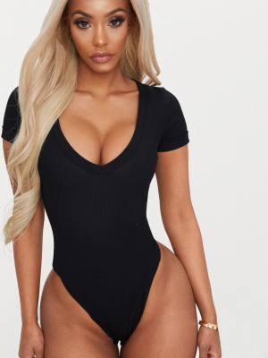 Shape Black Ribbed Plunge Short Sleeve Bodysuit