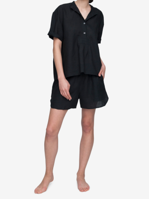 Set - Short Sleeve Cropped Sleep Shirt And Curved Hem Short Black Linen