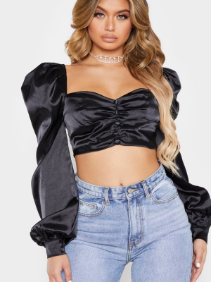 Black Satin Button Front Square Neck Crop Top