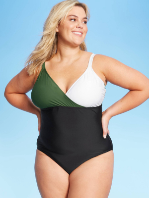 Women's Plus Size Color Block Wrap One Piece Swimsuit - Kona Sol™ Green