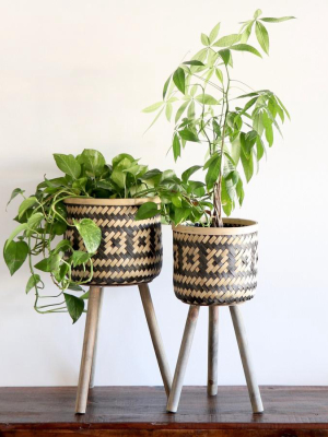 Woven Black & Natural Bamboo Planter Basket Set