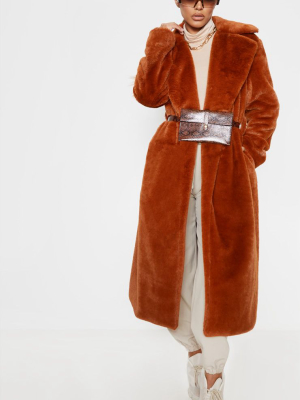 Petite Brown Belted Faux Fur Coat