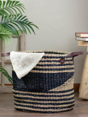 Northlight 15 Beige And Black Woven Seagrass Basket With Handles