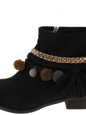 Grace1 Black Multi Strap Pom Pom Disk Detailed Ankle Boot