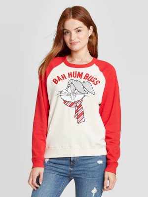 Women's Bugs Bunny Bah Hum Bugs Ugly Holiday Christmas Graphic Sweatshirt - Off White