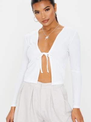 Cream Rib Tie Front Crop Top