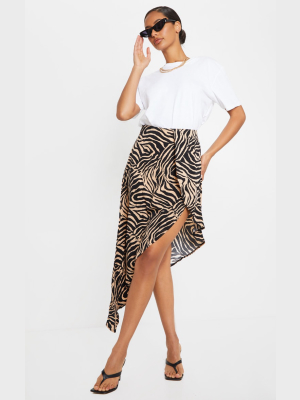 Tan Zebra Print Satin Asymmetric Skirt