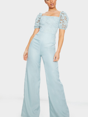 Sage Green Lace Bodice Puff Sleeve Jumpsuit