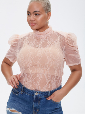 Plus Size Sheer Lace Turtleneck Top