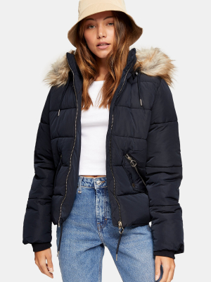 Navy Padded Puffer Jacket With Faux Fur Trim