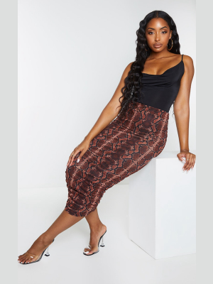 Rust Snake Mesh Ruched Midi Skirt