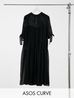 Asos Design Curve Pleated Trapeze Midi Dress With Tie Sleeves In Black