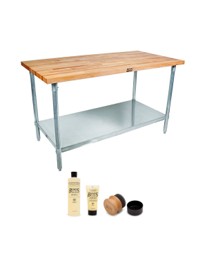 John Boos Maple Wood Top Work Table 48 X 24 X 1.5" With Adjustable Lower Shelf And 3 Piece Wood Cutting Board Care And Maintenance Set