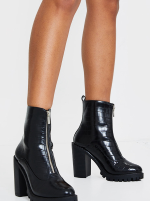 Black Matte Pu Cleated Sole Zip Front High Boot