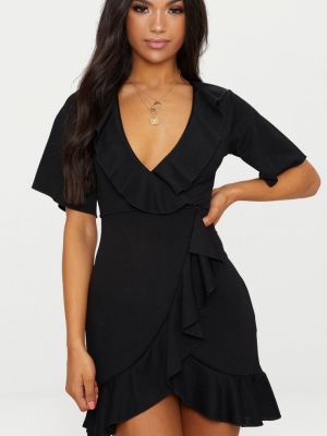 Black Frill Detail Wrap Dress