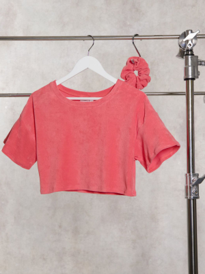 Asos Design Mix & Match Lounge Terrycloth Cropped Tee With Scrunchie In Pink