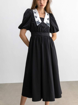 Dorothea Black Embroidered Collar Midi Dress