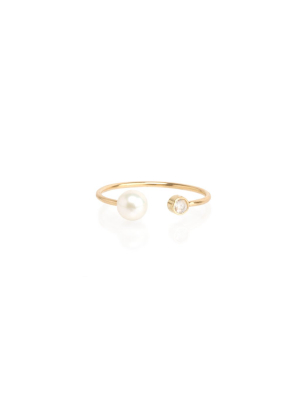 14k Open Tiny Pearl And Diamond Ring