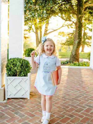 Annie Apron Dress - Buckhead Blue With Hamptons Hot Pink & Owl Applique