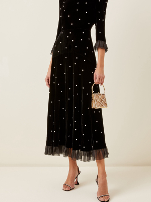 Organza-trimmed Crystal-embellished Velvet Midi Dress