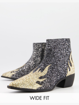 Asos Design Wide Fit Cuban Heel Western Chelsea Boots In Glitter With Flame Detail