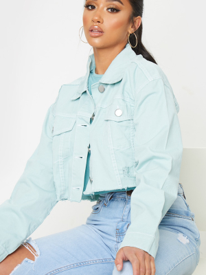 Petite Mint Raw Hem Cropped Denim Jacket