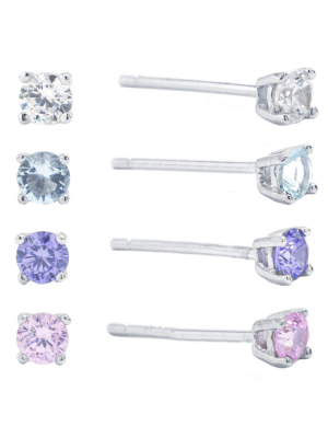 Sterling Silver 3mm Clear, Pink, Amethyst, And Aqua Stud Earring Set