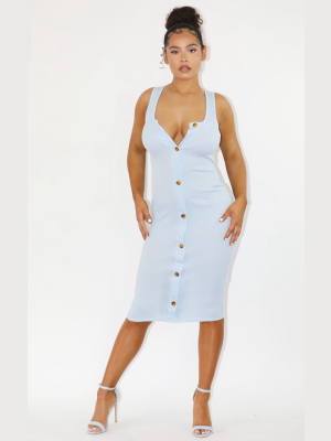 Baby Blue Ribbed Button Detail Midi Dress