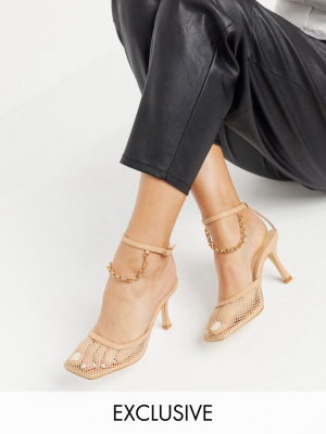 Z_code_z Exclusive Zoe Vegan-friendly Heeled Shoes With Anklet In Beige Mesh