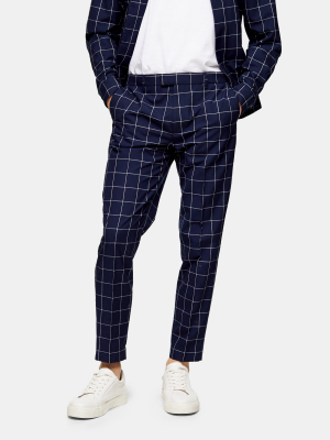 Navy Windowpane Check Relaxed Pants