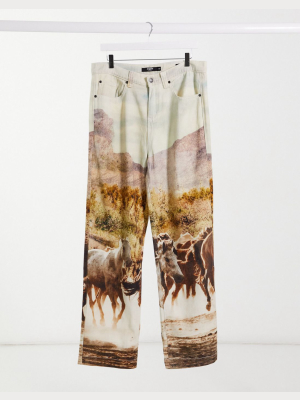 Jaded London Horse Scene Printed Jeans In Brown