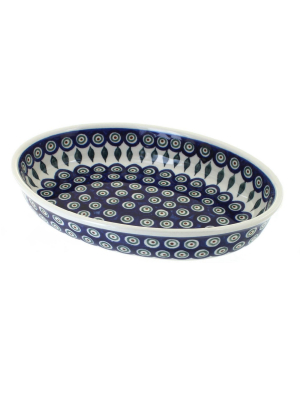 Blue Rose Polish Pottery Peacock Small Oval Baker