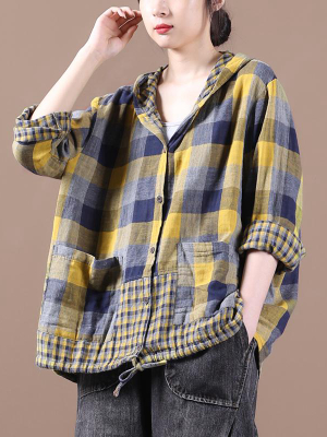 Plus Size - Loose Stitching Drawstring Cotton Linen Hooded Blouse Shirt