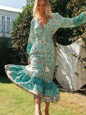 Lounging Bohemian Print Button Front V Neck Maxi Dress