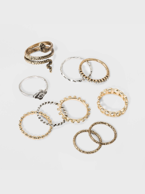Snake, Curb Chain Band And Textured Ring Set 10pc - Wild Fable™