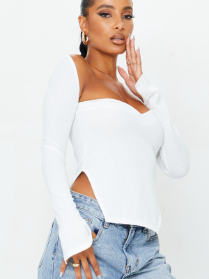 White Rib Sweetheart Neck Dip Hem Long Sleeve Top